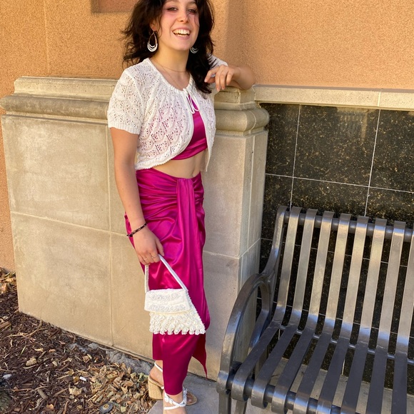 NWT MABLE BRAND Magenta Fuchsia -2 piece skirt w crop top -sz XS S M satin set - Picture 11 of 16